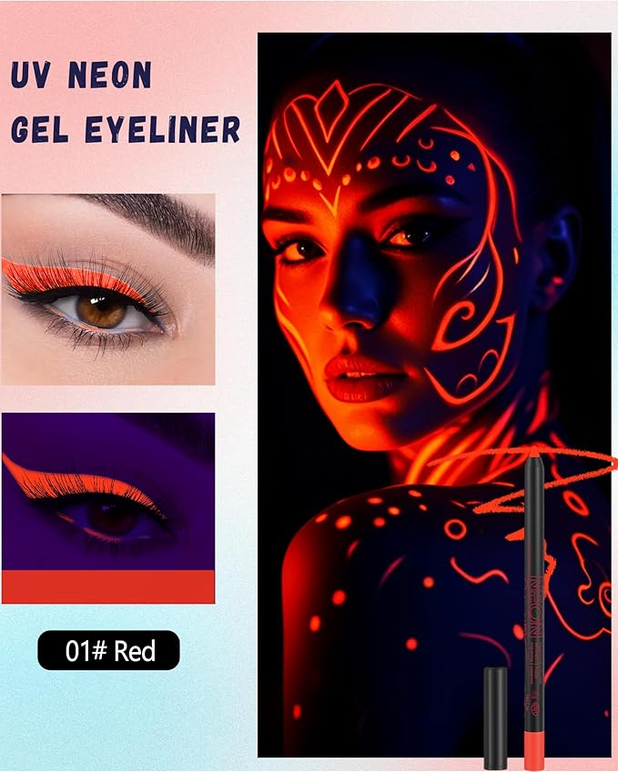 UV Neon Colored Gel Eyeliner Pencil, Matte Rainbow Colorful Eyeliner Pencil Glow in the Dark Makeup, Waterproof Long Lasting Gel Eye Liner Pen with Sharpener for Halloween Face Body Painting-B01 Red