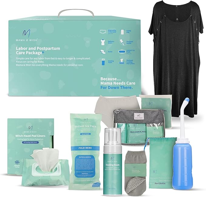 Mama & Wish® Postpartum Essentials Kit (14-Piece) - Includes Hospital Post Partum Essentials for Women After Birth, Labor and Delivery Gown, Peri Bottle, Witch Hazel Foam, Pad Liners & More!