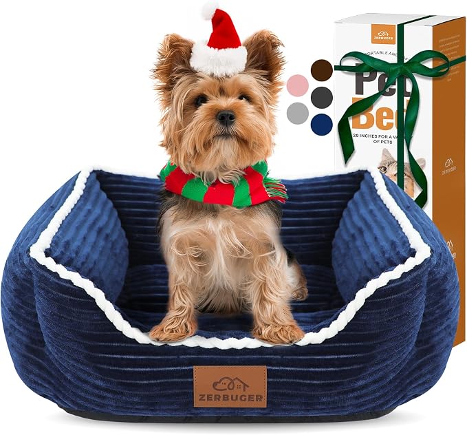 Zerbuger 20in Blue Rectangle Cat Dog Bed Machine Washable Sleeping Sofa | for Large Medium Small Pets Indoor Outdoor, Non-Slip Bottom Soft Puppy Bed Durable Orthopedic Calming Pet Cuddler