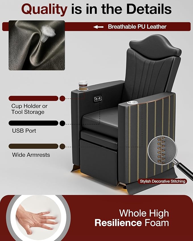 OKAKOPA Electric Pedicure Chair No Plumbing, Professional Reclining Pedicure Unit with Cup Holder and USB Charging Port, Pedicure Station for Salon with Hidden Base and Footrest, Black