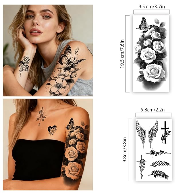 Yazhiji 92 Sheets Flower Temporary Tattoos For Women Arm Neck，Sunflower Serpent Peony Floral Rose Long Lasting Fake Tattoos For Adults Girl, Large Sexy Flowers Collection Waterproof Temporary Tattoos