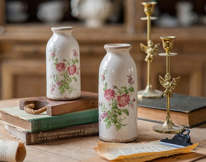Ceramic Rustic Farmhouse Vase, Distressed Flower Vase for Home Decor, Ideal Shelf Decor, Boho Vase for Living Room Bedroom Kitchen Office Decor Centerpiece Table Decorations (6 inches)