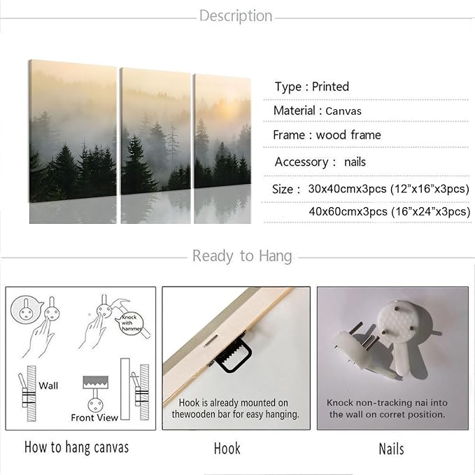 Bwodke Misty Forest Mountain Canvas Wall Art Set of 3, 12x16 inch | Nature Landscape Wall Decor, Misty Forest Mountain Prints, Living Room Bedroom Office Art