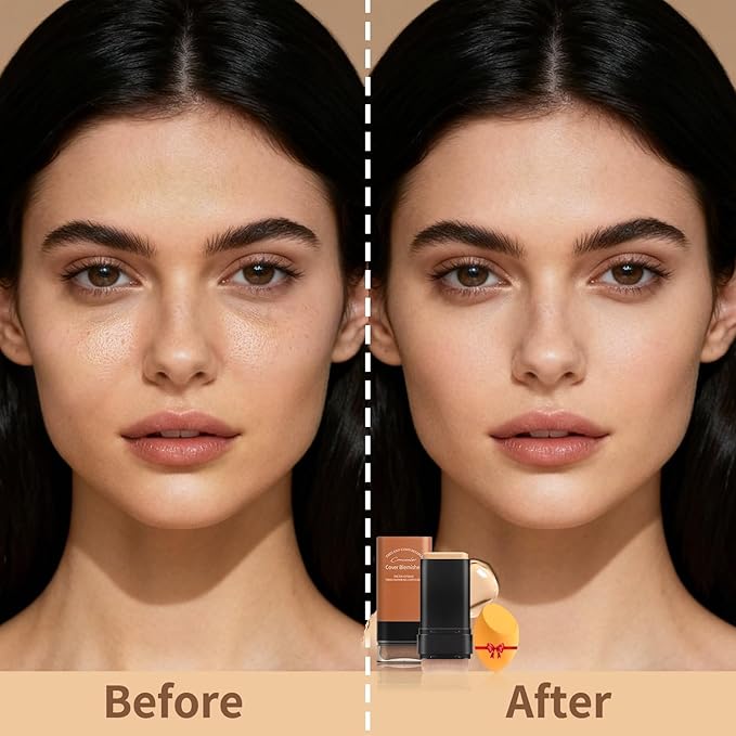 Full Coverage Foundation Stick with Contour Brush, Water Resistant & Lightweight Foundation Makeup with Beauty Sponge, Buildable Concealer Stick for Multiple Skin Tones, Daily Natural Matte Finish