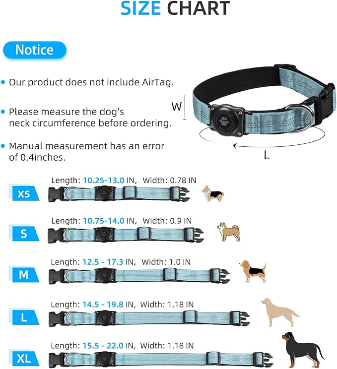 Upgrade Dog Collar with AirTag Holder, IP68 Waterproof, Light Blue, M | Built-in Water Resistant AirTag holder, 1000D Nylon, Reflective Stitching for Night Visibility, Soft padding for Comfort