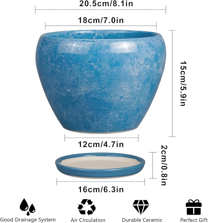 Ceramicfor Ceramic Planter - 8 Inch Plant Pot with Drainage Hole and Saucer, Glaze Round Flower Pot for Home Garden Patio Office, Blue