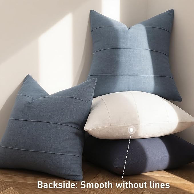 Decorative Linen Throw Pillow Covers 22x22 Set of 2 Solid Handcrafted Striped Cushion Covers for Bed Soft Modern Farmhouse Neutral Pillowcase for Couch Bedroom Living Room Home Decor(Slate Blue)