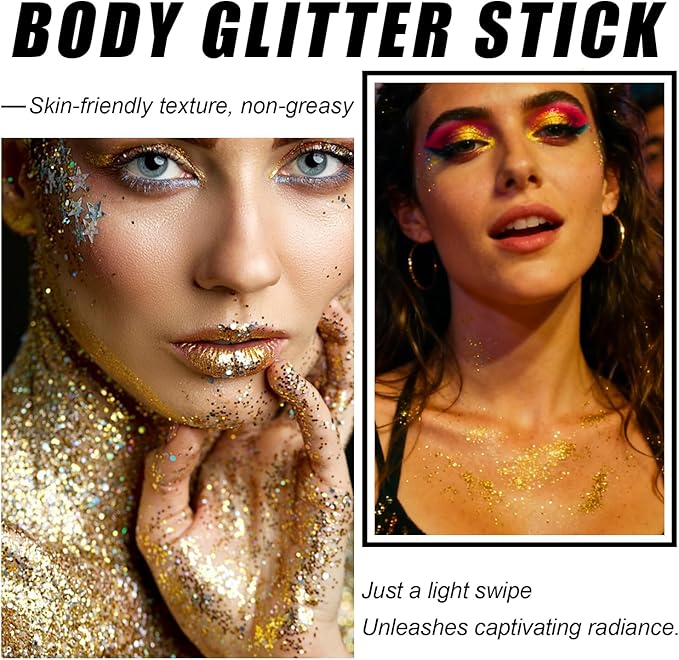 Gold Body Glitter Stick, Sparkling Hair Glitter Makeup for Kids and Women, Waterproof Face Hair and Body Glitter Makeup, Rave Accessories Carnival Chunky Sequins