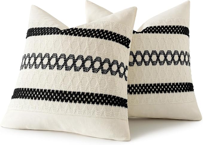 MIULEE Set of 2 Black Boho Decorative Pillow Covers 18x18 Inch | Farmhouse Couch Throw Pillows, Modern Cotton Cushion Covers, Macrame Woven Spring Home Decor for Bed Sofa Chair