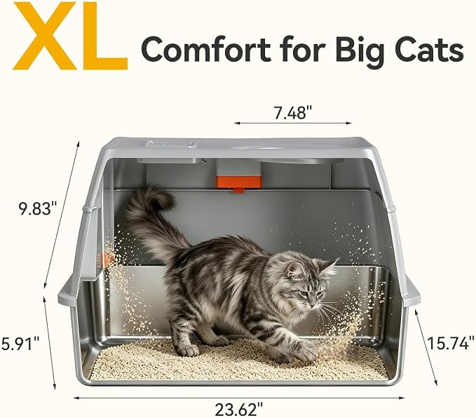 XL Enclosed Stainless Steel Litter Box with Lid, Light Gray | covered, High Sided, Rustproof & Leak Proof, Easy Clean, Odor Control, Includes Scoop & Step