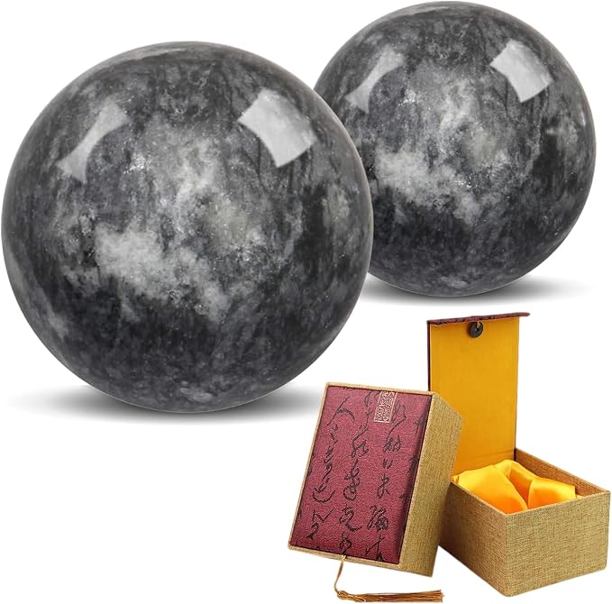 Traditional Chinese Baoding Balls, Marble Health Exercise Stress Relief Balls with a Retro Style Tassel Boxes for Gift, Dark Grey, 2-Piece Set, Medium-1.57"