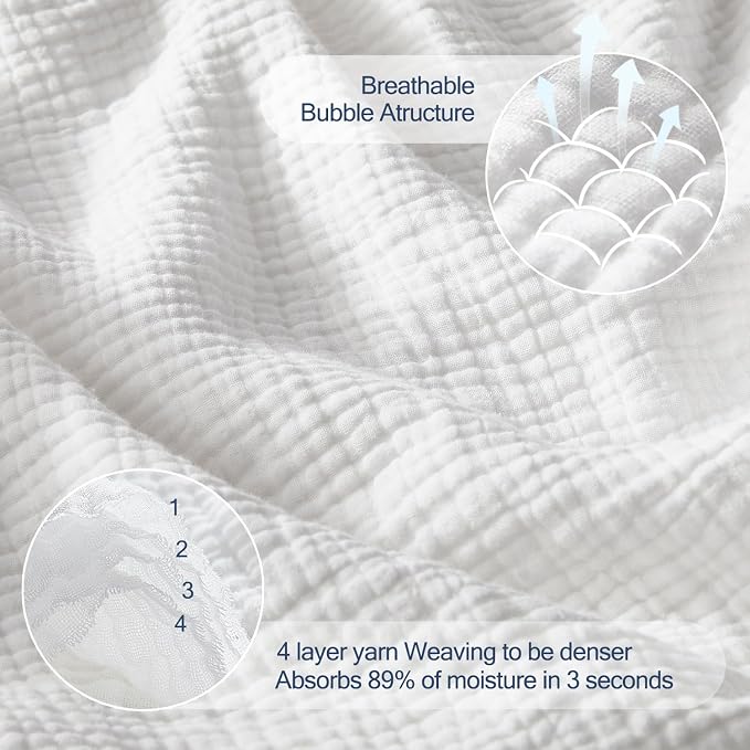 WDCOZY 100% Cotton Muslin Blanket Oversized King 4-Layer for Bed Breathable Lightweight Soft Large Boho Farmhouse Linen Tassels Ruffle Gauze Blankets All Season for Adults 102x120 Inches White