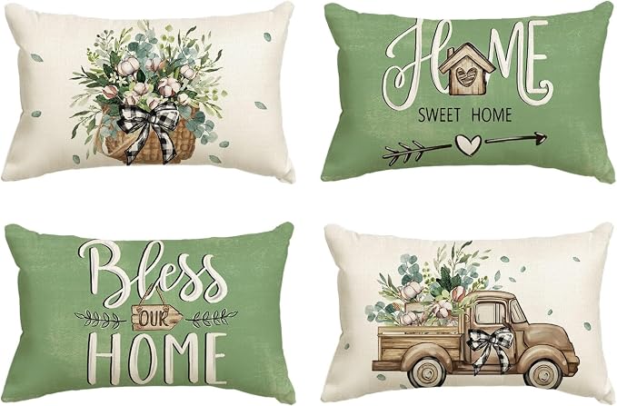 AVOIN colorlife Bless Our Home Farmhouse Eucalyptus Leaves Throw Pillow Covers, 12 x 20 Inch Green Truck Cushion Case Decorations Set of 4