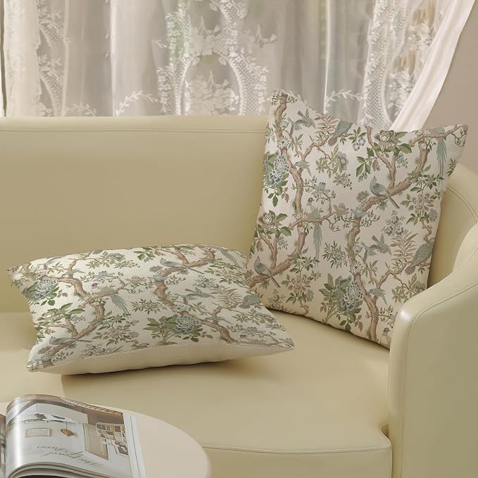 Green Floral Bird Pillow Covers 24x24 Set of 2 Chinoiserie Throw Pillows Green Vintage Flowers Bird Decorative Pillow Cases Outdoor Chinoiserie Decor Farmhouse Cushion Case for Couch Sofa