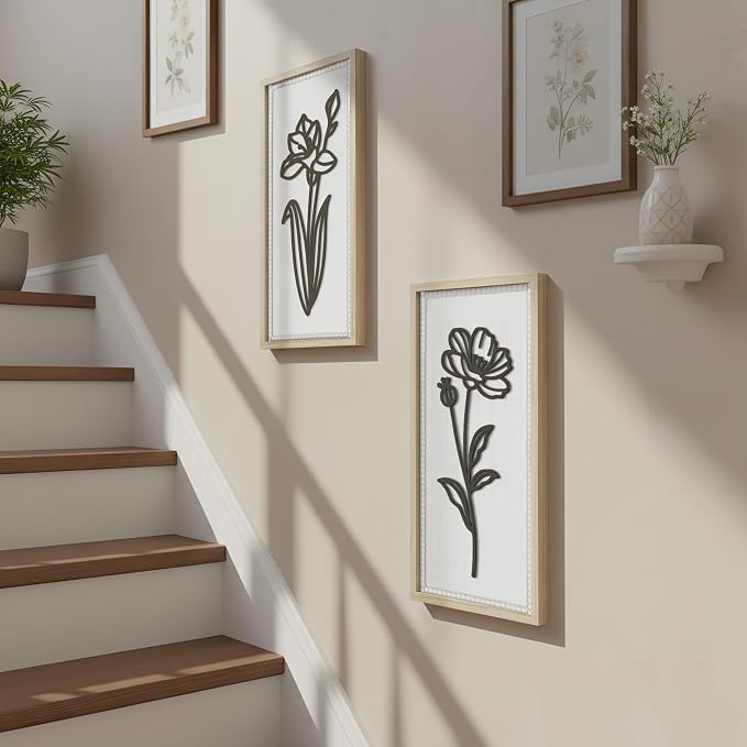 White Floral Bathroom Wall Decor Set of 2, Wood-Framed 3D Wall Art Panels | Raised floral cutouts in rectangular frames, ready to hang; neutral boho farmhouse decor for bedrooms, hallways and entryways