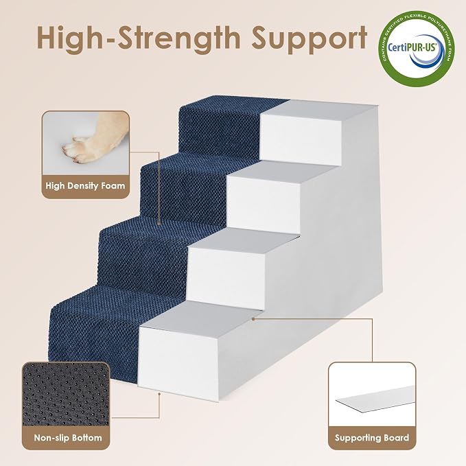 EHEYCIGA Dog Stairs for Bed 20" H, 4-Step Extra Wide Dog Steps, Navy | Pet Steps for Small Dogs and Cats for High Bed, Non-Slip Balanced Pet Ramp Indoor