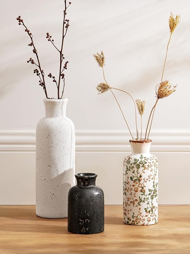 LE TAUCI Ceramic Vase Set of 3, Matte Flower Vases for Fresh or Dried Flowers, Modern Farmhouse Home Decor for Coffee Table, Mantel, Shelf, Entryway, Speckled White