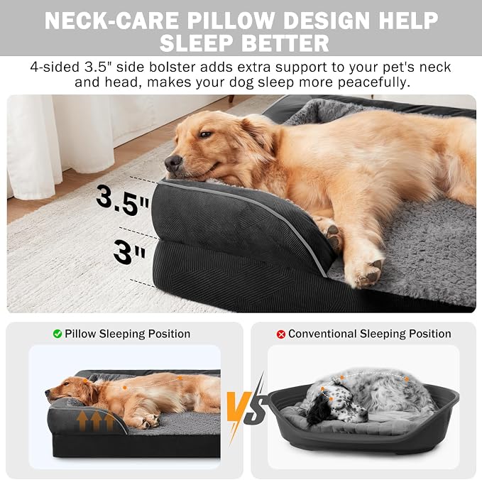 Orthopedic Dog Bed for Large Dogs, Washable Waterproof, Egg-Crate Foam Dog Couch Bed with Washable Removable Cover, Waterproof Lining and Nonskid Bottom