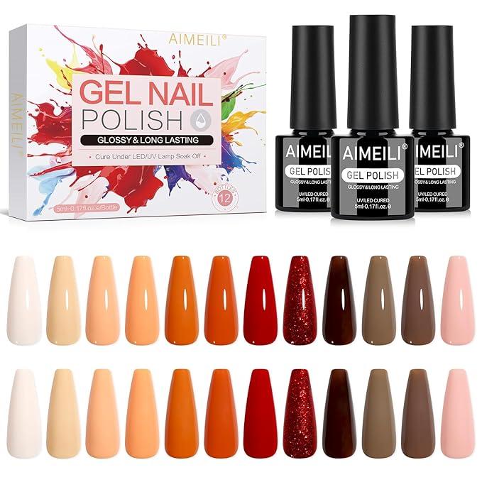 AIMEILI Gel Nail Polish Set 12pcs, Hema Free, Cruelty Free, Vegan, Soak Off U V LED Nail Art Manicure Salon DIY at Home for Women - Kit 45