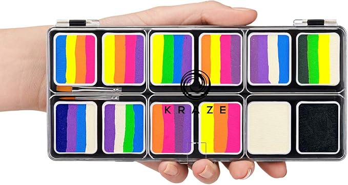 Kraze FX Neon Pop 1-Stroke 12 Split Cake Palette (6 gm) with 2 Brushes - Professional UV Glow Blacklight Reactive Body & Face Painting Kit, Water Activated, Hypoallergenic, Vibrant Face Paint