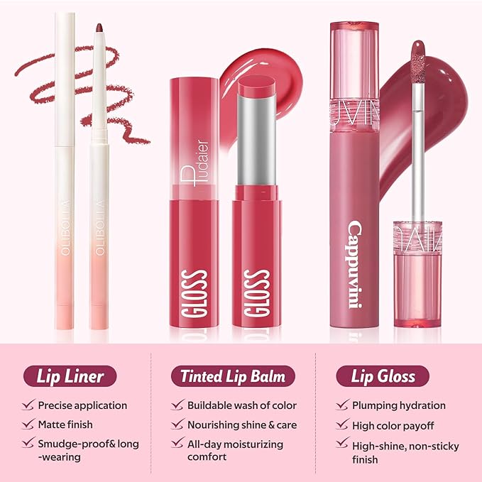 3PCS Lip Combo Set - Matte Lip Liner Pencil + Hydrating Tinted Lip Balm + Juicy Lip Gloss Tint, Non-Sticky, Long-Lasting, High Pigment Lip Makeup Kit (Juicy Plum Set)