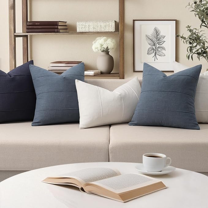 Decorative Linen Throw Pillow Covers 16x16 Set of 2 Solid Handcrafted Striped Cushion Covers for Bed Soft Modern Farmhouse Neutral Pillowcase for Couch Bedroom Living Room Home Decor(Slate Blue)