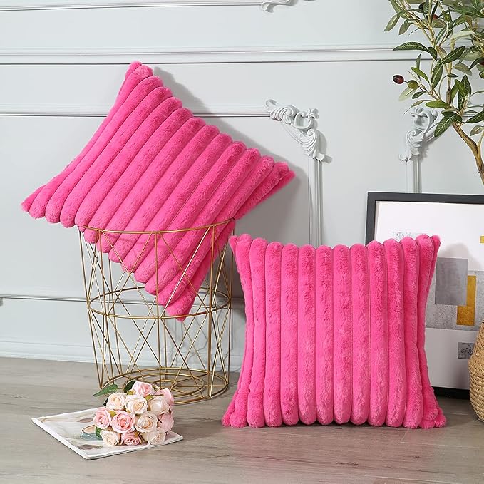 Soleebee Set of 2 Throw Pillow Covers Soft Cozy Velvet Pillowcase Faux Rabbit Fur Cover for Couch Sofa Bed Chair Home Decorative Pillows Cover (20x20 Inch, HOT Pink)