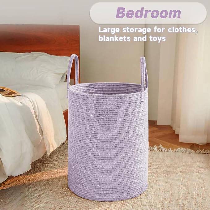 JMvicyroam 60L Cotton Rope Laundry Basket Hamper, Purple | Collapsible laundry basket, reinforced handles, freestanding, machine washable, holds 3-5 thick blankets, clothes or toys