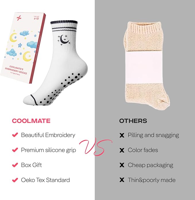 COOLMATE Pilates Socks with Grips for Women, Yoga Socks, Crew Non Slip Women for Barre, Pilates Gifts for Women