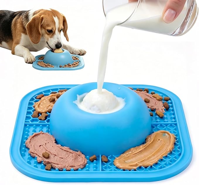 Slow Eating Dog Bowls & Lick Pad for Liquid & Creamy Snacks, Non-Slip Pet Lick Bowl with Interactive Rolling Ball, 5/6 Cup Puppy Lick Toy for Small Medium Large Dogs & Cats (Blue)