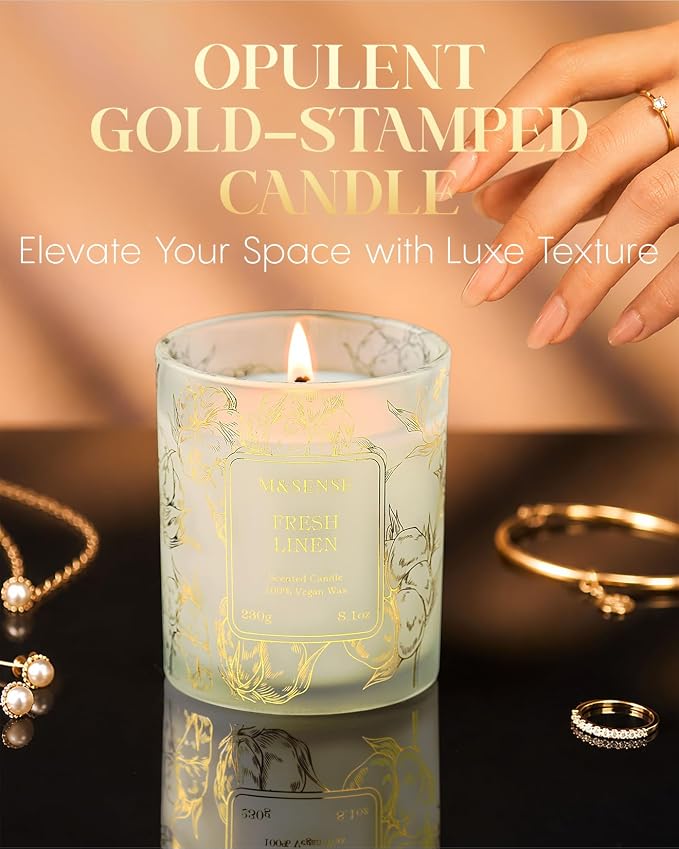 M&SENSE Fresh Linen Soy Candle, 8.1oz Gilded Glass, Home Refresh Gift | 42H Long Burn, Air Purifying Stress Relief Scent, Non-Toxic, Warmer Friendly, Reusable Jar
