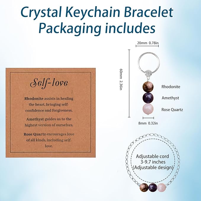 Healing Crystal Keychain Bracelet Set Healing Stones Anxiety Relief Natural Crystal Keychain for Women