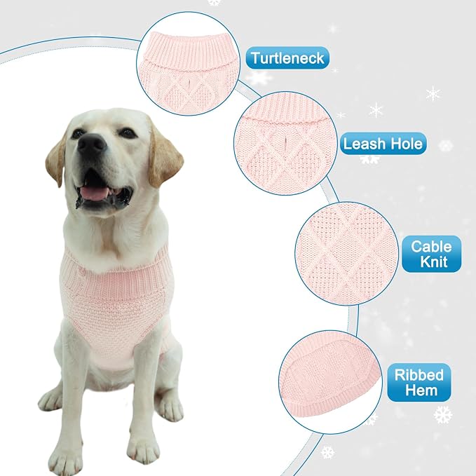 Mihachi Turtleneck Dog Sweater - Winter Coat Apparel Classic Cable Knit Clothes with Leash Hole for Cold Weather, Ideal Gift for Pet in New Year Rosy Medium/Large