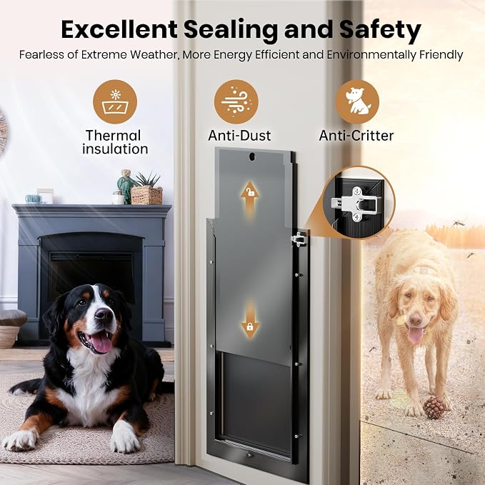 Aluminum XL Dog Door for Exterior Door, Heavy Duty Pet Door with 2 Flaps | Aluminum Alloy Frame, Upgraded Magnetic Flaps, Thermal Insulation, Energy Efficient, Sliding Lock Panel, Pets Up to 220Lb