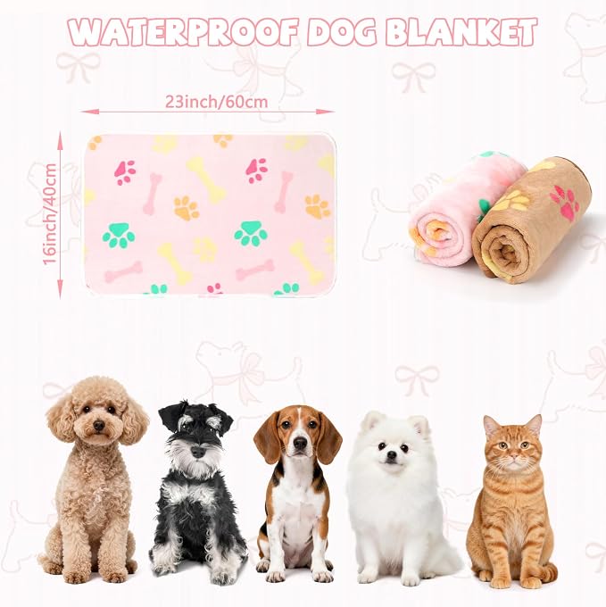 YUEPET 2 Pack Waterproof Dog Blankets, Washable Puppy Blankets 30 x 20 in | Pink/Brown Paw Print Set, Reversible Fleece Throw, Heat-Reflective Mylar, Bed/Sofa/Car Protection, Small/Medium Dogs and Cats