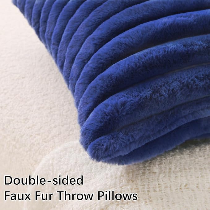 Decorative Throw Pillow with Inserts, Set of 2 Soft Faux Fur Throw Pillows, Square Boho Striped Pillow for Couch, Bed, Sofa Decor (Blue, 16" x 16"(Pack of 2))