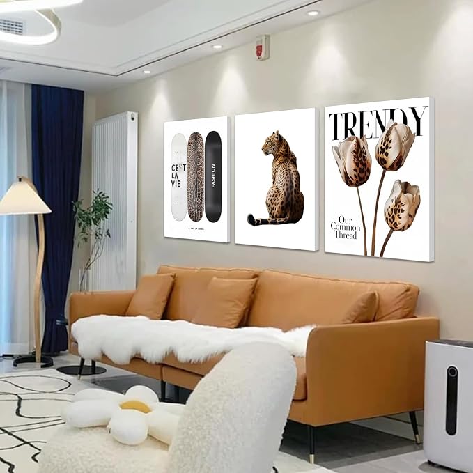 Trendy Leopard Canvas Wall Art Set of 3 Cheetah Printed Preppy Fashion Skateboard Wall Decor Preppy Room Aesthetic posters Prints for Girls Bedroom Apartment Dorm 12x16in Framed Decoration