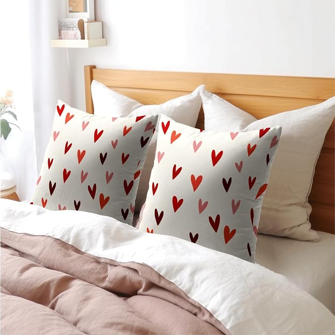 Kawani Valentines Day Throw Pillow Covers 22x22 Inch Red Pink Love Hearts Print Square Pillowcases Cotton Linen Cushion Cover for Couch Sofa Bed Anniversary Wedding Holiday Home Decor