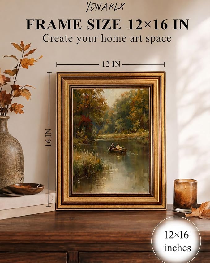 Gold Framed Wall Art, Country Fisherman Canvas Prints, Vintage Rowboat River Fall Landscape Picture Wall Decor, Rustic Farmhouse Cottagecore Artwork for Living Room Bedroom 12x16 inch