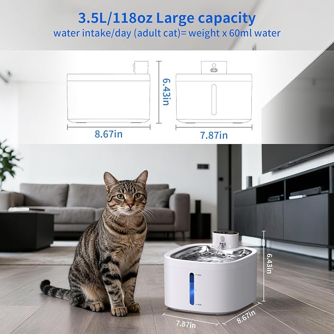 Cat Water Fountain Wireless: 118oz/3.5L Battery Operated Pet Water Fountain for Cats Indoor with Motion Sensor, Quiet Automatic Fountain with Stainless Steel Tray(2Filters)
