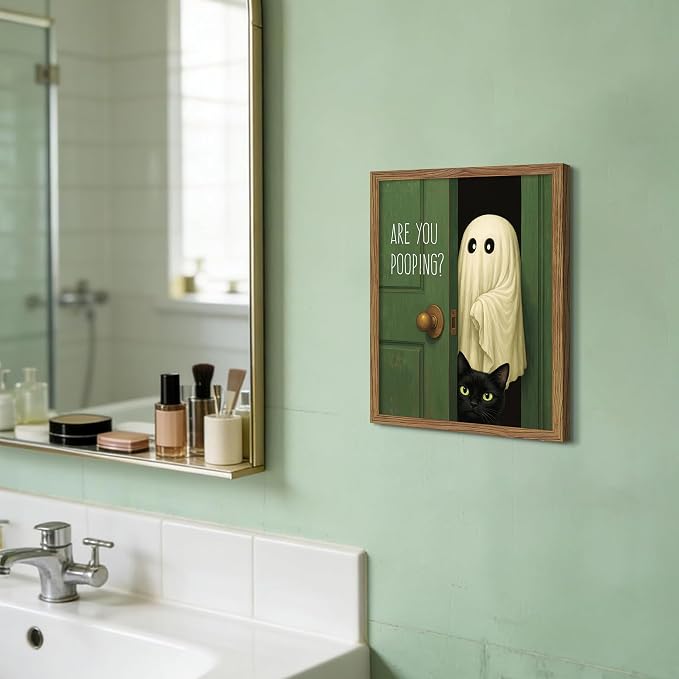 Funny Ghost Cat Halloween Bathroom Wall Art, Cute Ghost Bathroom Halloween Wall Decor Are You Pooping Picture, Vintage Framed Canvas Prints Funny Artwork for Restroom 12x16in Wood Frame