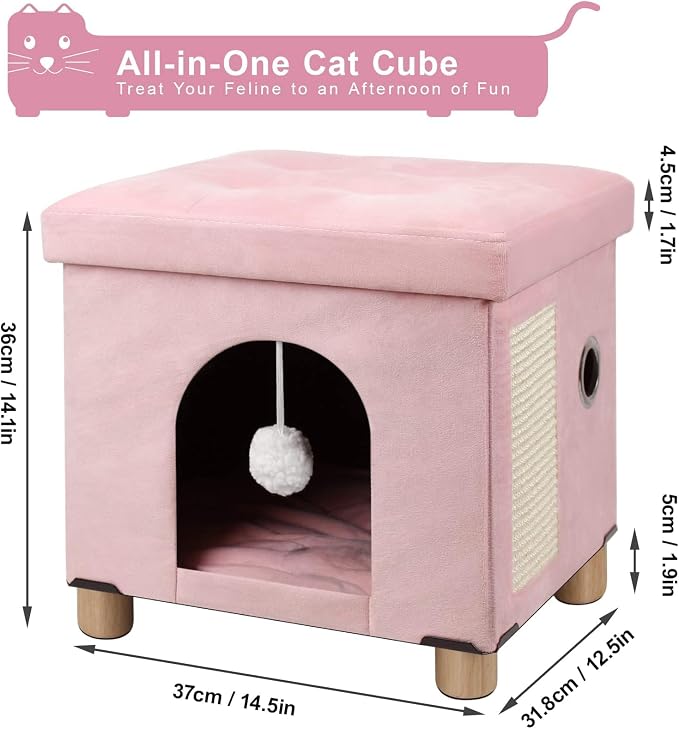 BRIAN & DANY Cat House for Indoor Cats,Cat Bed Cave for Kitten with Scratch Board & Ball,14.5X 12.5X 14.1 inches, Pink