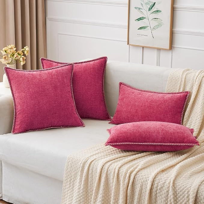 MIULEE Decorative Couch Throw Pillow Covers 20x20 Inch Hot Pink 2 Pack | Farmhouse Pillow Covers with Stitched Edge, Soft Chenille Cushion Cases, for Sofa Bed Living Room Home Decor
