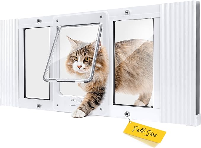 Full-Size Cat Door for Window, H: 15.3", Fit 28"-32" Window | Weatherproof Aluminum Frame & HD Glass, Quick 1-Minute Installation, Magnetic Closing Window Cat Door Insert
