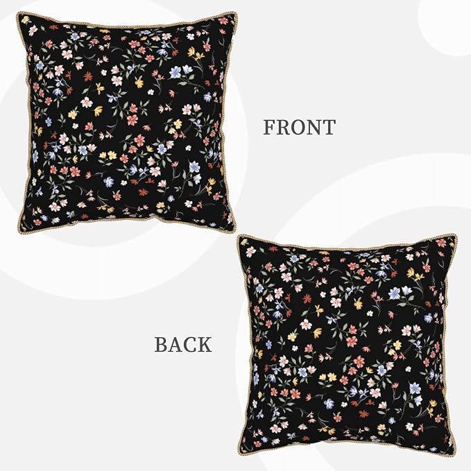 Black Floral Velvet Pillow Covers 20x20 Inch Vintage Colorful Wildflower Throw Pillows For Couch Farmhouse Cushion Covers Pillowcase Spring Summer Plant Pillow Cases For Sofa Bed Outdoor Decor