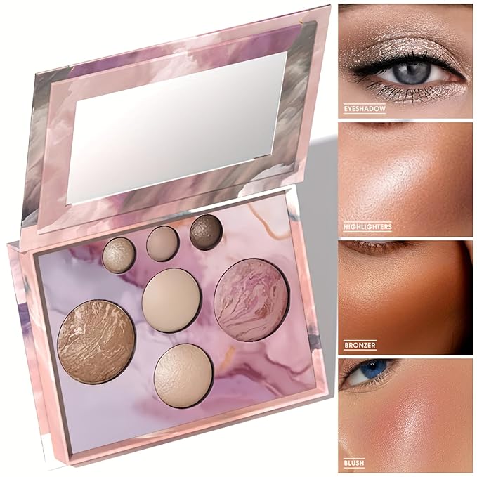 K'APEINE All in One Baked Makeup Palette, Dark Brown Eyeshadow, Blush Highlighter & Bronzer Face Kit Neutral Baked Powder Palette Hign Pigment Full Face Makeup Set Women (7colors)
