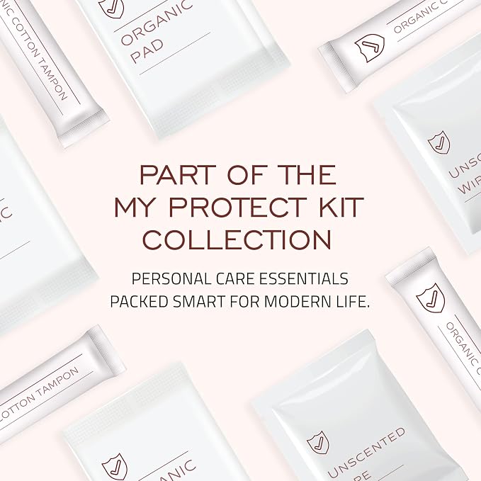 MY PROTECT KIT Feminine Care Kit - 11 Pieces First Period Kit, Compact Hygiene Set for Women, Essentials with Organic Cotton Tampons, Organic Pads & Wipes, Pack of 1