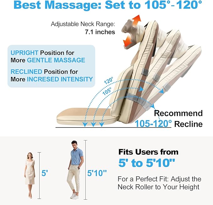 Shiatsu Massage Cushion with Heat for Neck and Back - 4D Kneading, Vibration and Dual-Neck Design, Adjustable Intensity and Height, Help with Muscle Stiffness, for Office Chair, Home, Beige