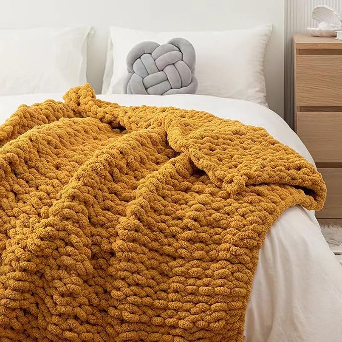 Soft Chunky Knit Throw Blanket for Couch, Cozy Warm Knitted Blankets | Hand Knit with Jumbo Chenille, Lightweight Warm Fluffy Decor for Women, Mom, Her & Girls, Sofa, Chair, Bed, 40"×40" (Yellow)