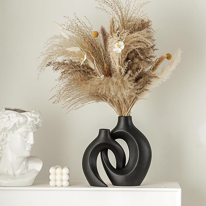 Lvases Snuggle Hollow Modern Ceramic Vase Set of 2 Nordic Pampas Grass Vase | Boho Aesthetic Decorative Vase for Home Decor coffee Table Centerpiece Living Room Book Shelf ( Matte Black W 6.3" X H 8.4" )